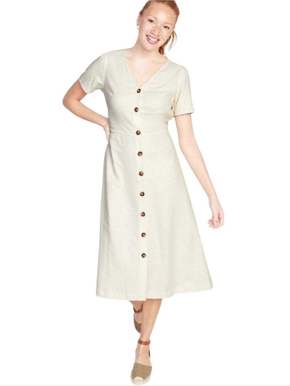Linen Rayon Midi Dress Old Navy Cream Button Front Women’s Size XL Extra Large